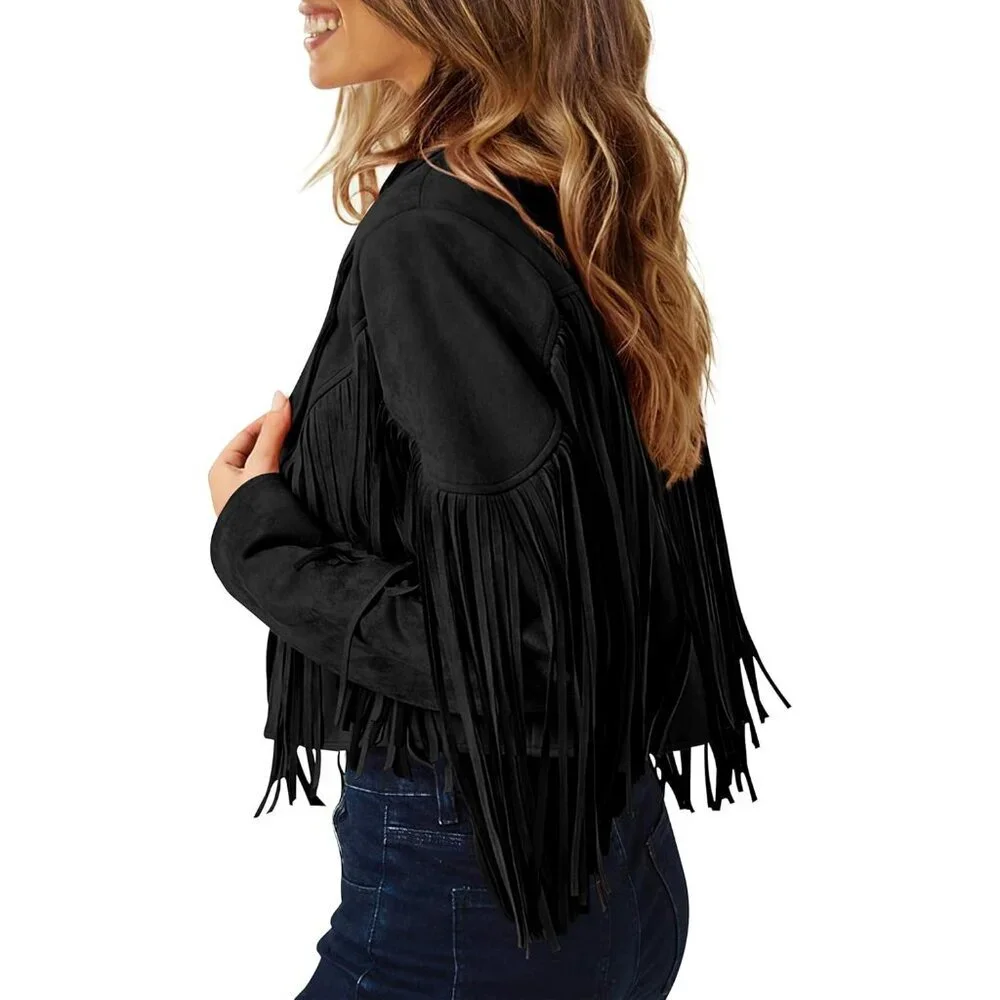 Women's Black Fringe Faux Suede Leather Tassel Motorcycle Cropped Jackets - Picture 4 of 9